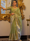Pista Green Zari Weaving Tissue Silk Traditional Saree With Blouse