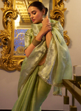 Pista Green Zari Weaving Tissue Silk Traditional Saree With Blouse