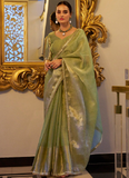 Pista Green Zari Weaving Tissue Silk Traditional Saree With Blouse