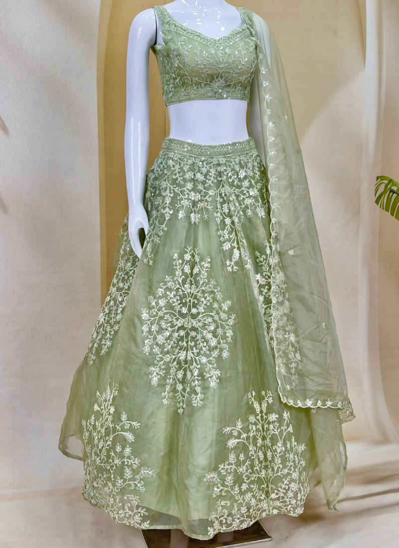 Pista Green Net Zari Heavy Embroidered Lehenga Choli For Women