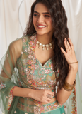 Mesmerizing Pista Green Organza Thread Embroidered Work Lehenga Choli