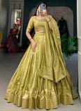 Plain Zari Weaving Work Border Pista Pure Chanderi Lehenga Choli