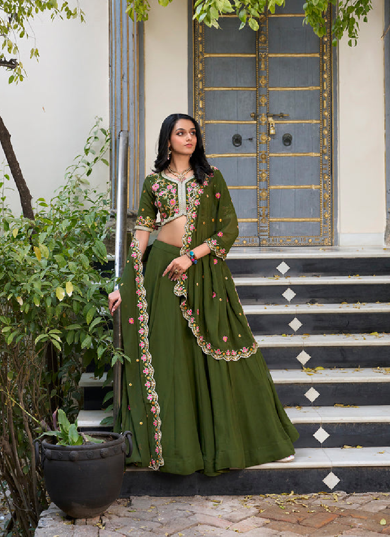 Plain Georgette Mehendi Green Lehenga Choli For Mehndi Function