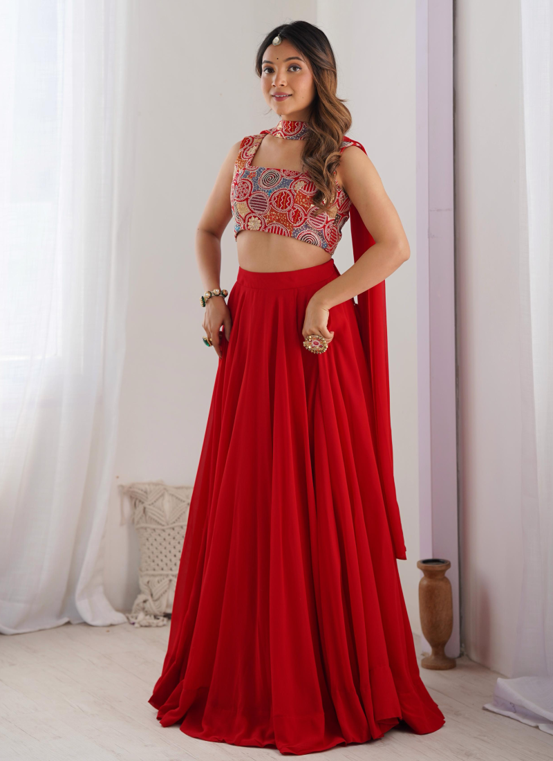 Precious Red Embroidered Party Wear Georgette Lehenga Choli With Dupatta