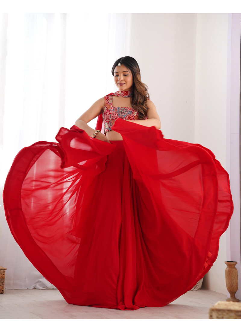 Precious Red Embroidered Party Wear Georgette Lehenga Choli With Dupatta 1