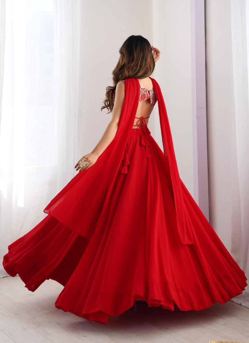 Precious Red Embroidered Party Wear Georgette Lehenga Choli With Dupatta 3