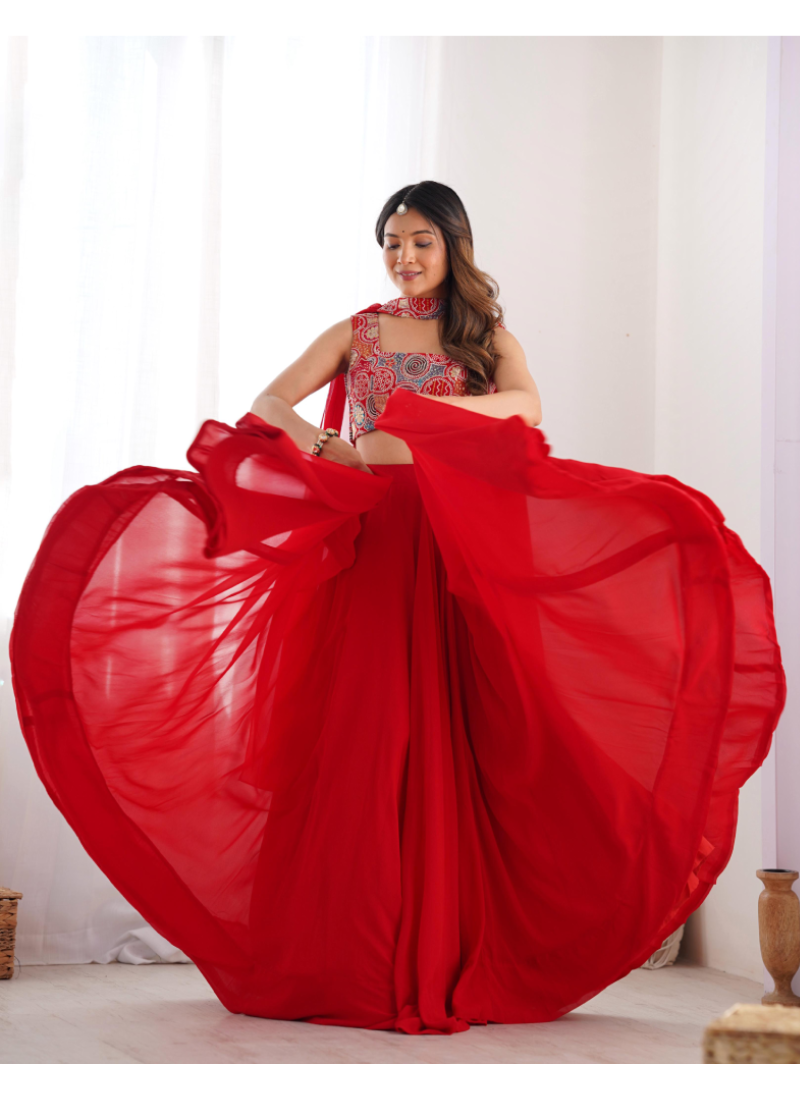 Precious Red Embroidered Party Wear Georgette Lehenga Choli With Dupatta 4