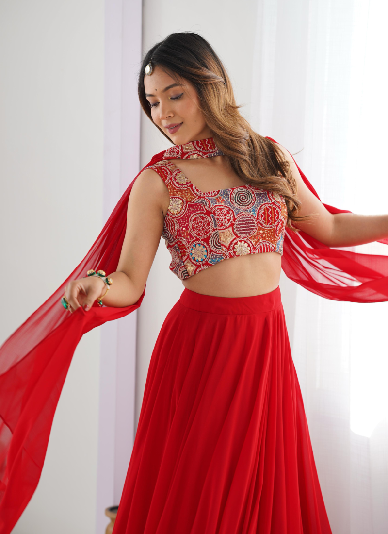 Precious Red Embroidered Party Wear Georgette Lehenga Choli With Dupatta 5