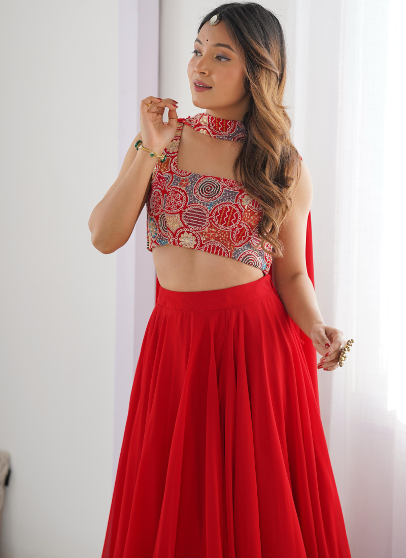 Precious Red Embroidered Party Wear Georgette Lehenga Choli With Dupatta 6
