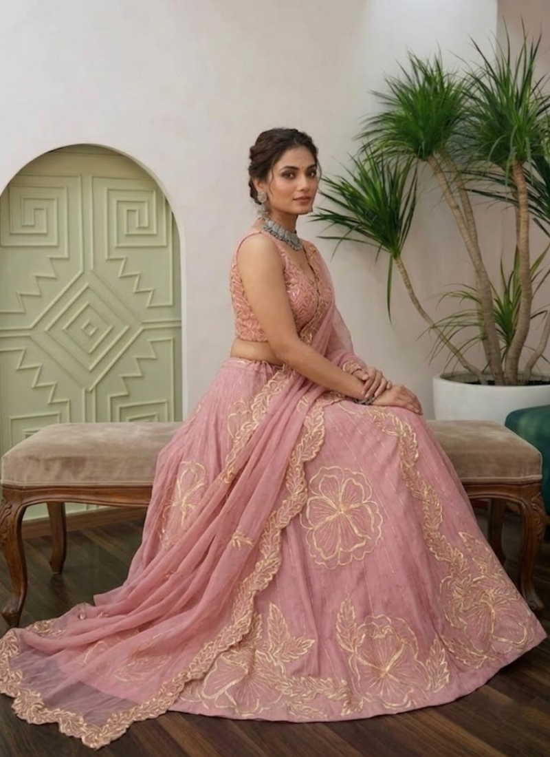 Premium Fancy Fabric Baby Pink Sequence Embroidered Work Lehenga Choli