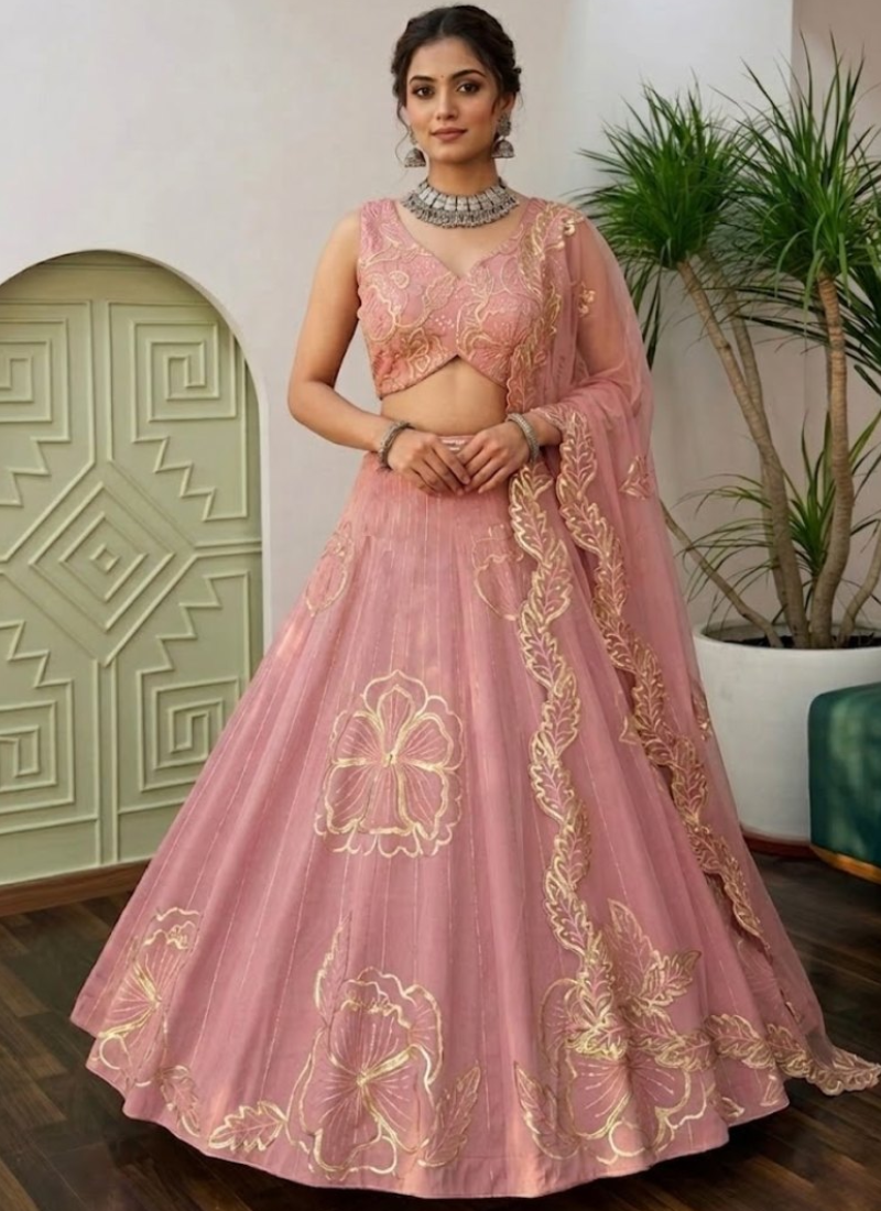 Premium Fancy Fabric Baby Pink Sequence Embroidered Work Lehenga Choli