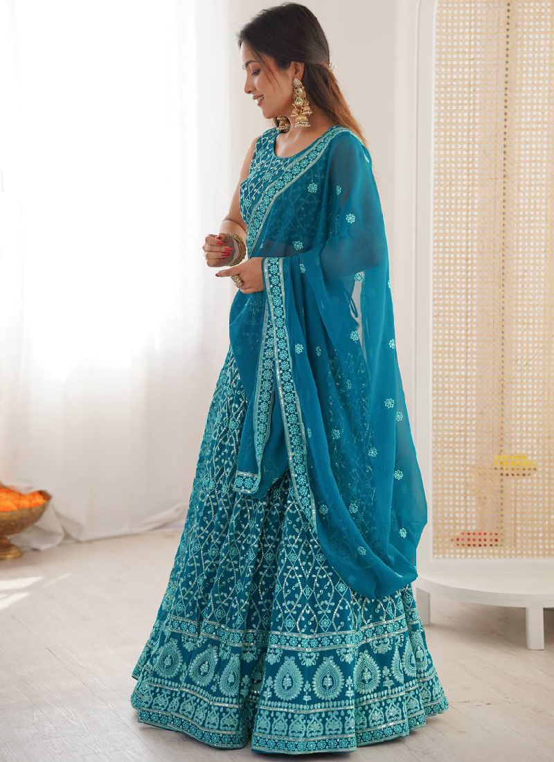 Premium Faux Georgette Blue Thread Embroidered Lucknowi Lehenga Choli
