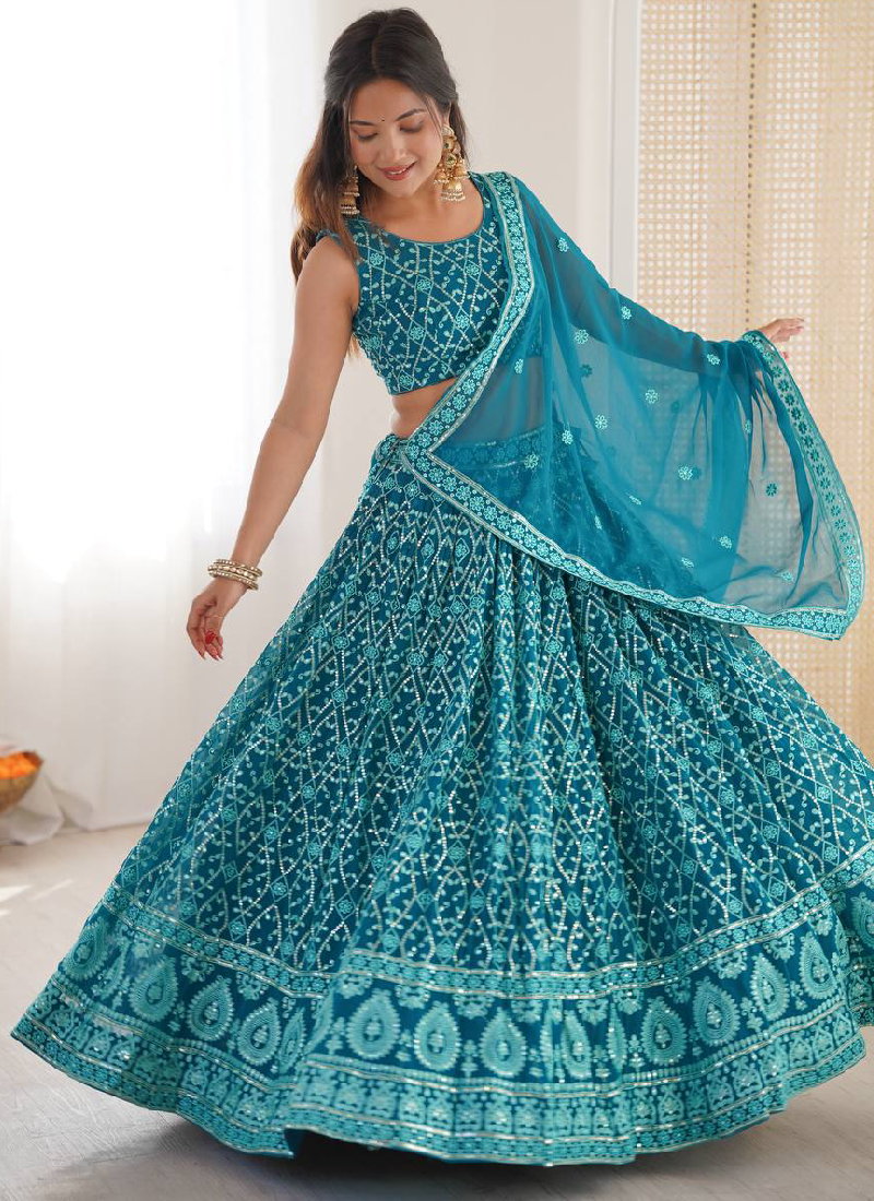 Premium Faux Georgette Blue Thread Embroidered Lucknowi Lehenga Choli