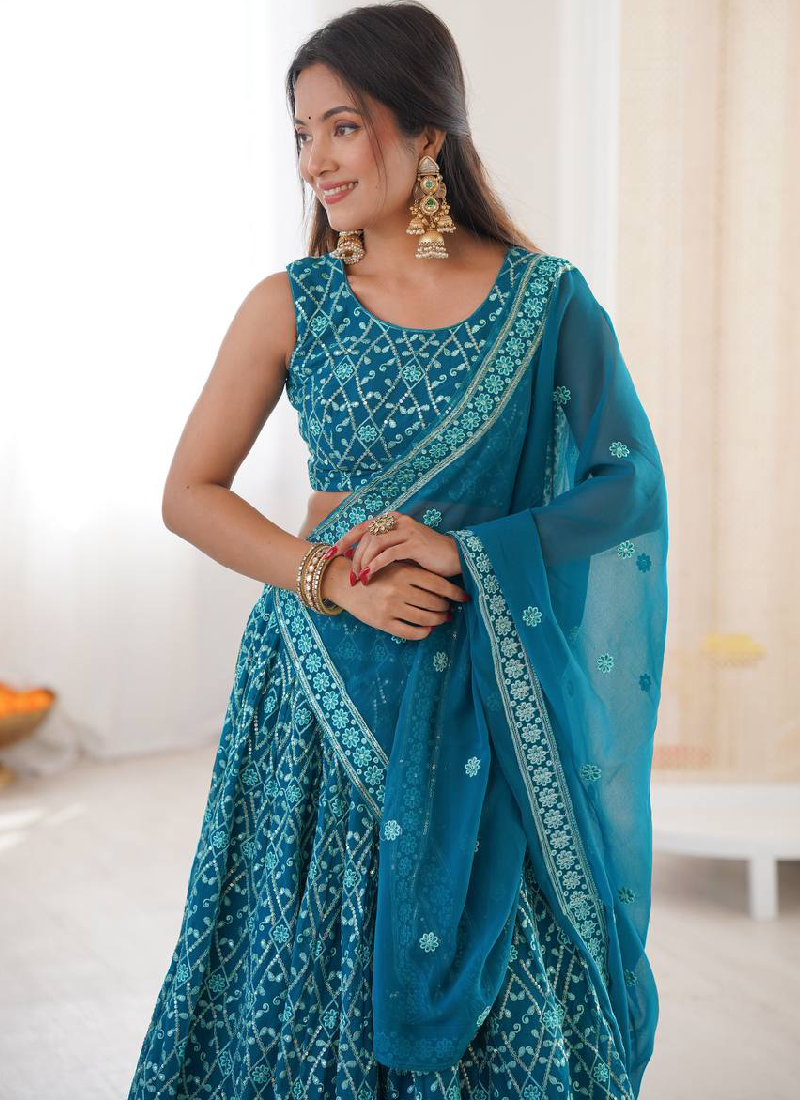 Premium Faux Georgette Blue Thread Embroidered Lucknowi Lehenga Choli