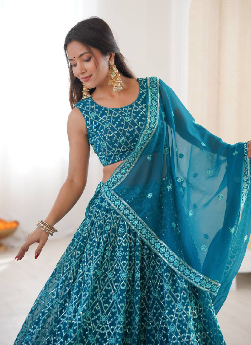 Premium Faux Georgette Blue Thread Embroidered Lucknowi Lehenga Choli