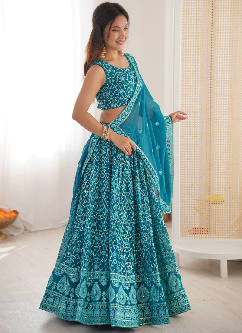 Premium Faux Georgette Blue Thread Embroidered Lucknowi Lehenga Choli