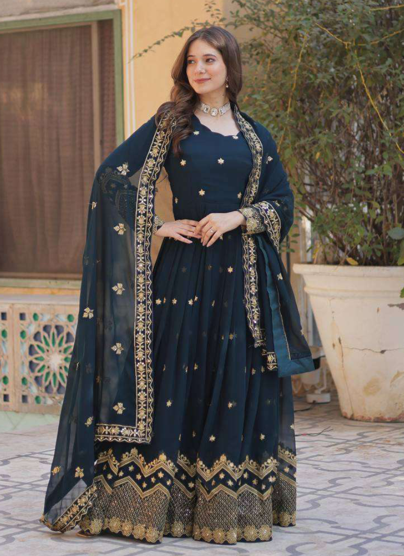 Prettiest Georgette Sequence Embroidered Blue Heavy Gown With Dupatta