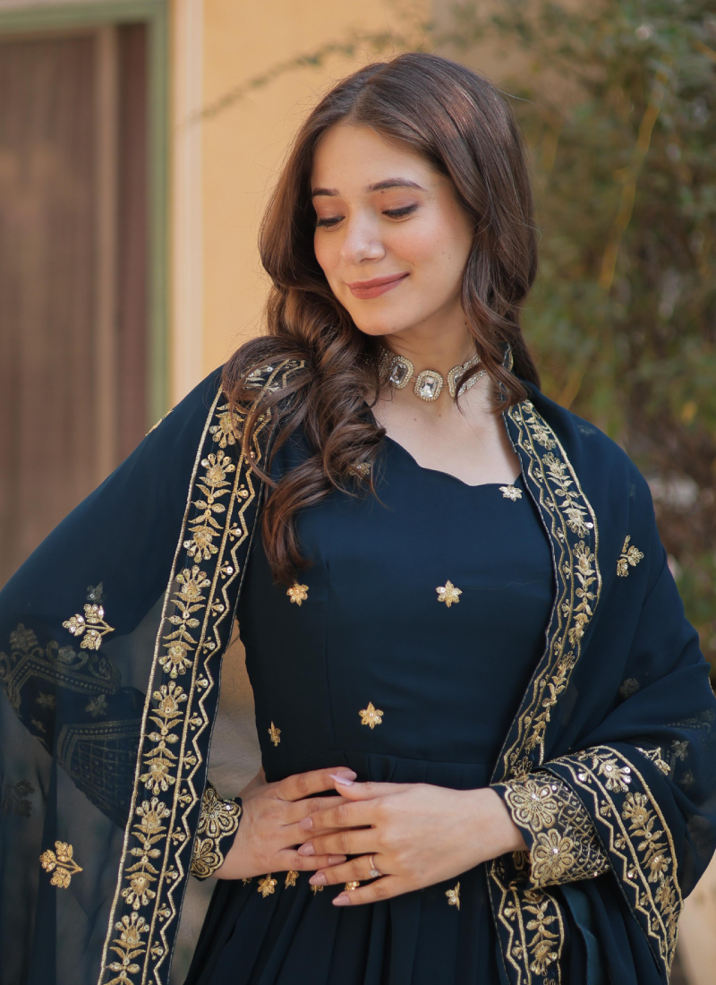 Prettiest Georgette Sequence Embroidered Blue Heavy Gown With Dupatta
