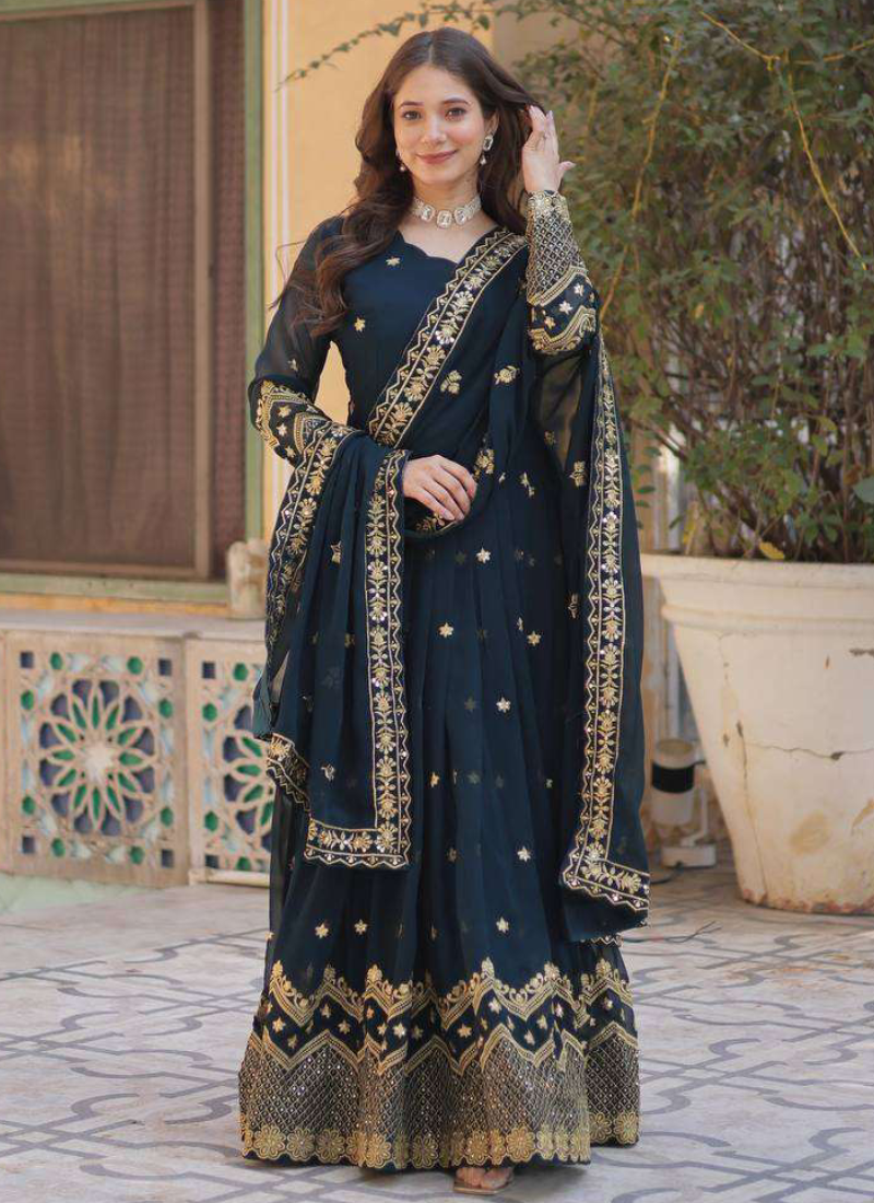 Prettiest Georgette Sequence Embroidered Blue Heavy Gown With Dupatta
