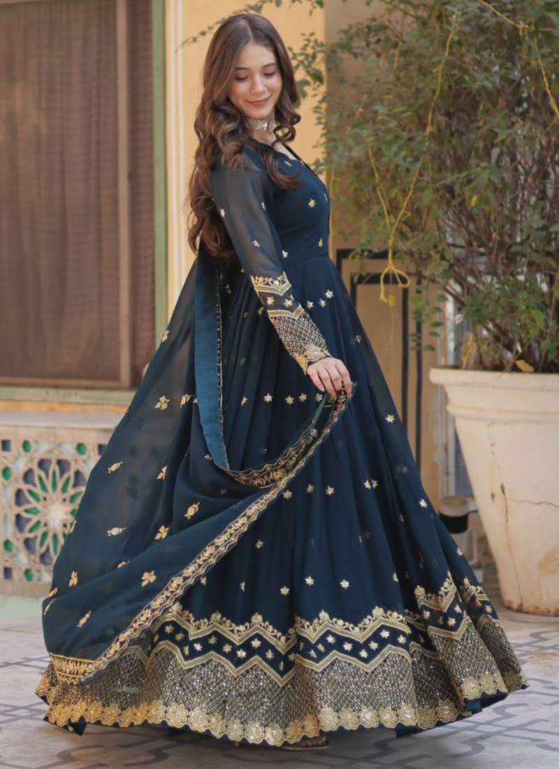 Prettiest Georgette Sequence Embroidered Blue Heavy Gown With Dupatta