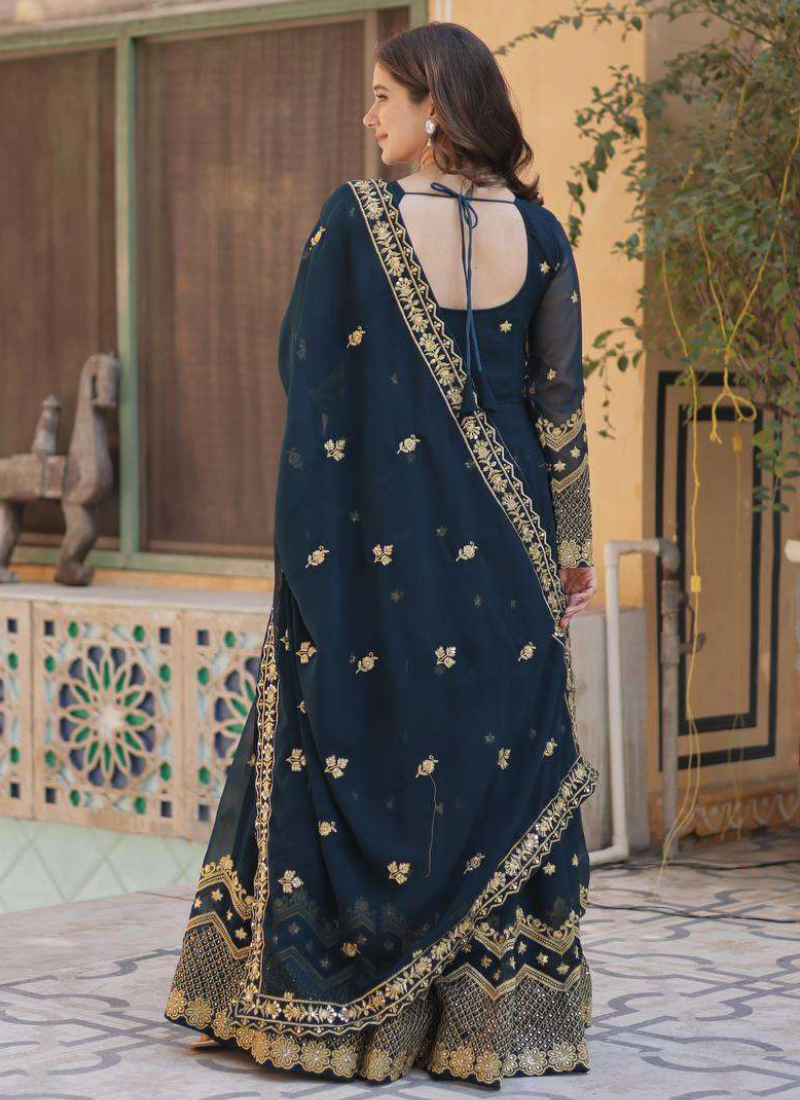 Prettiest Georgette Sequence Embroidered Blue Heavy Gown With Dupatta