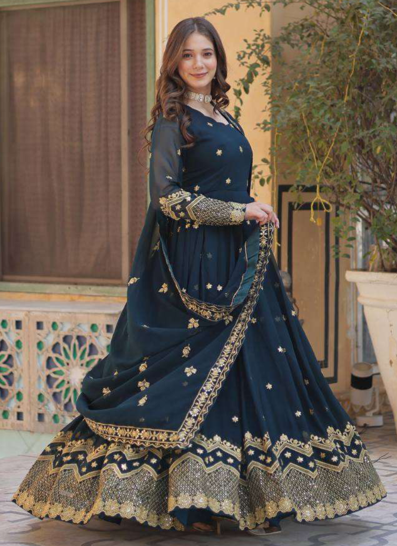 Prettiest Georgette Sequence Embroidered Blue Heavy Gown With Dupatta