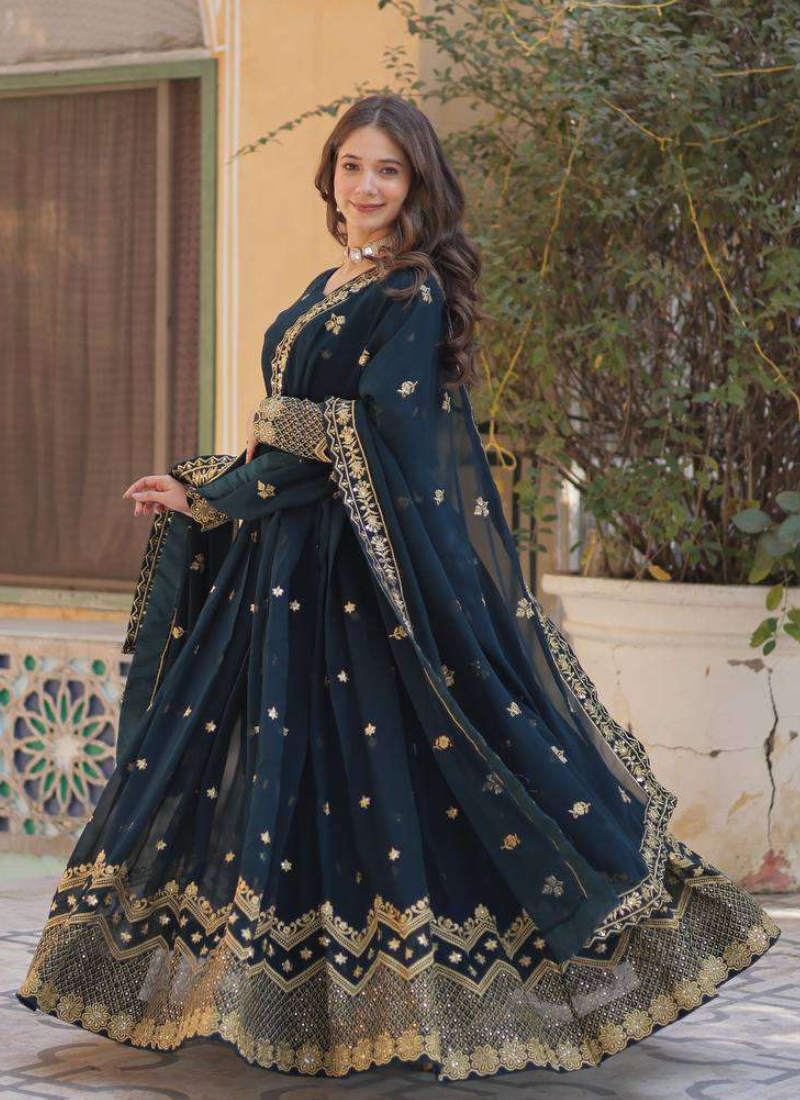 Prettiest Georgette Sequence Embroidered Blue Heavy Gown With Dupatta