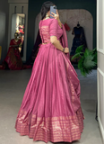 Prettiest Zari Weaving Work Plain Pure Chanderi Pink Lehenga Choli