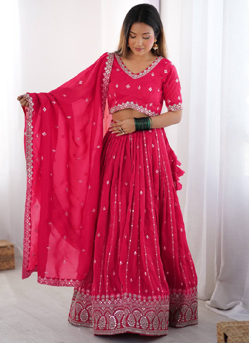 Prettiest Silk Zari Embroidery Work Pink Festival Wear Lehenga Choli