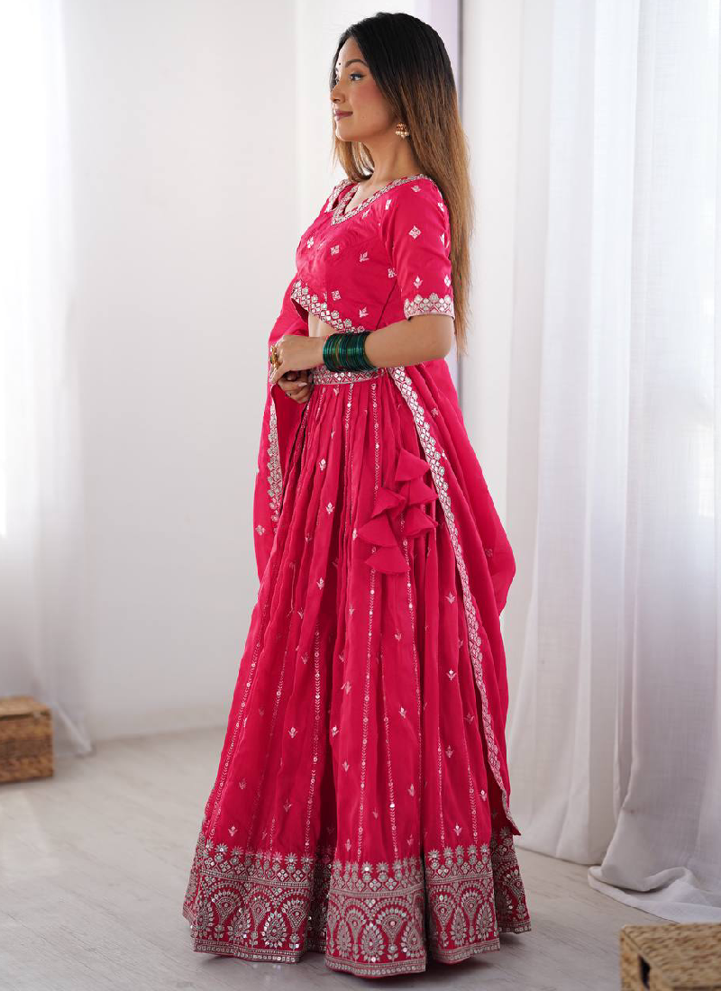 Prettiest Silk Zari Embroidery Work Pink Festival Wear Lehenga Choli