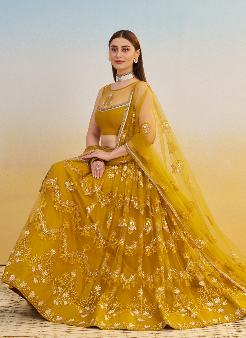 Pretty Net Thread Embroidered Mustard Yellow Haldi Wear Lehenga Choli