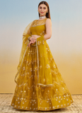 Pretty Net Thread Embroidered Mustard Yellow Haldi Wear Lehenga Choli