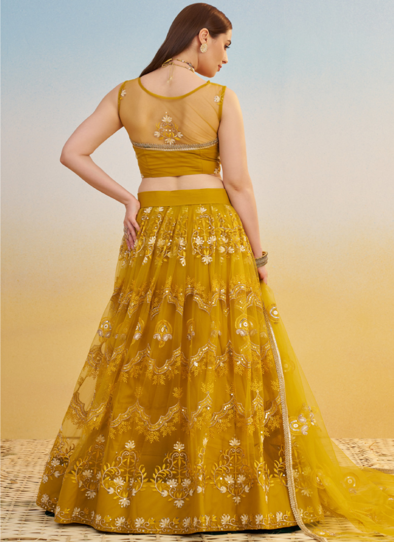 Pretty Net Thread Embroidered Mustard Yellow Haldi Wear Lehenga Choli