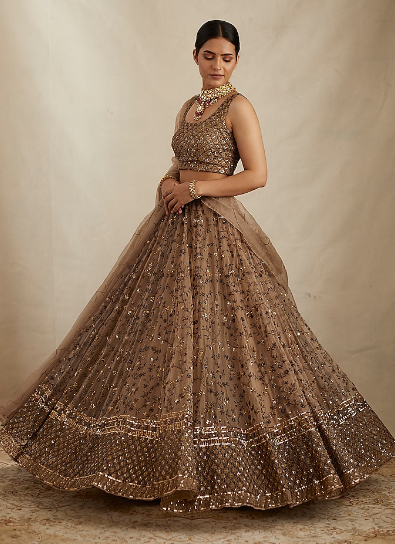 Pretty Soft Net Sequence Zari Embroidery Work Brown Lehenga