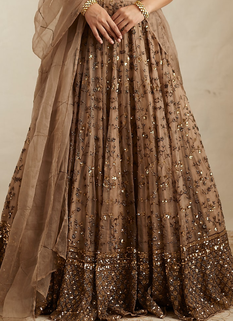 Pretty Soft Net Sequence Zari Embroidery Work Brown Lehenga