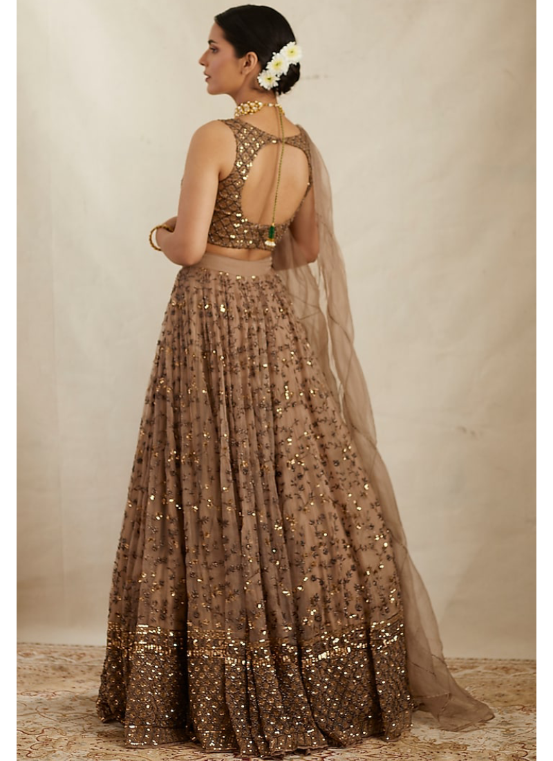 Pretty Soft Net Sequence Zari Embroidery Work Brown Lehenga
