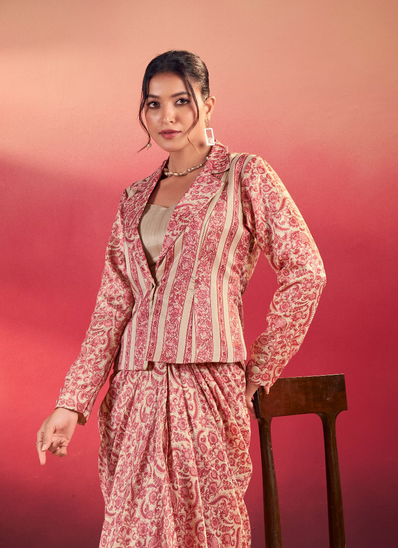 Printed Designer Silk Red Stylish Drape Bottom With Blouse And Jacket