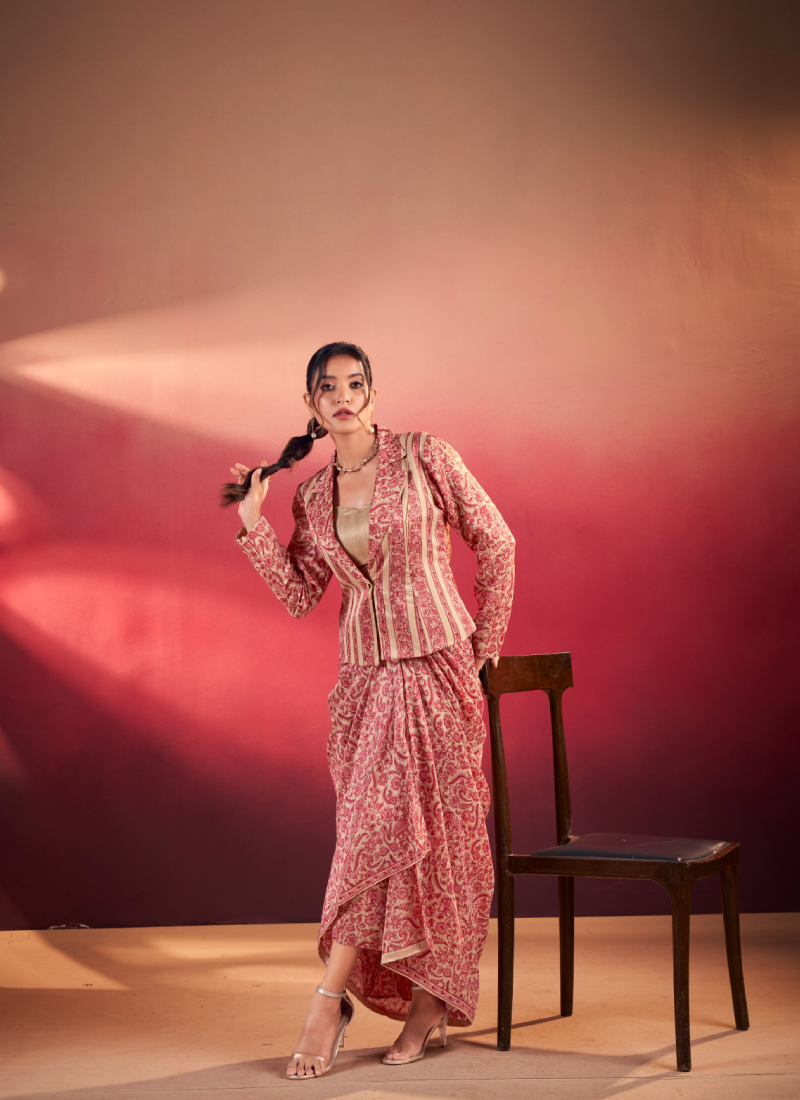 Printed Designer Silk Red Stylish Drape Bottom With Blouse And Jacket