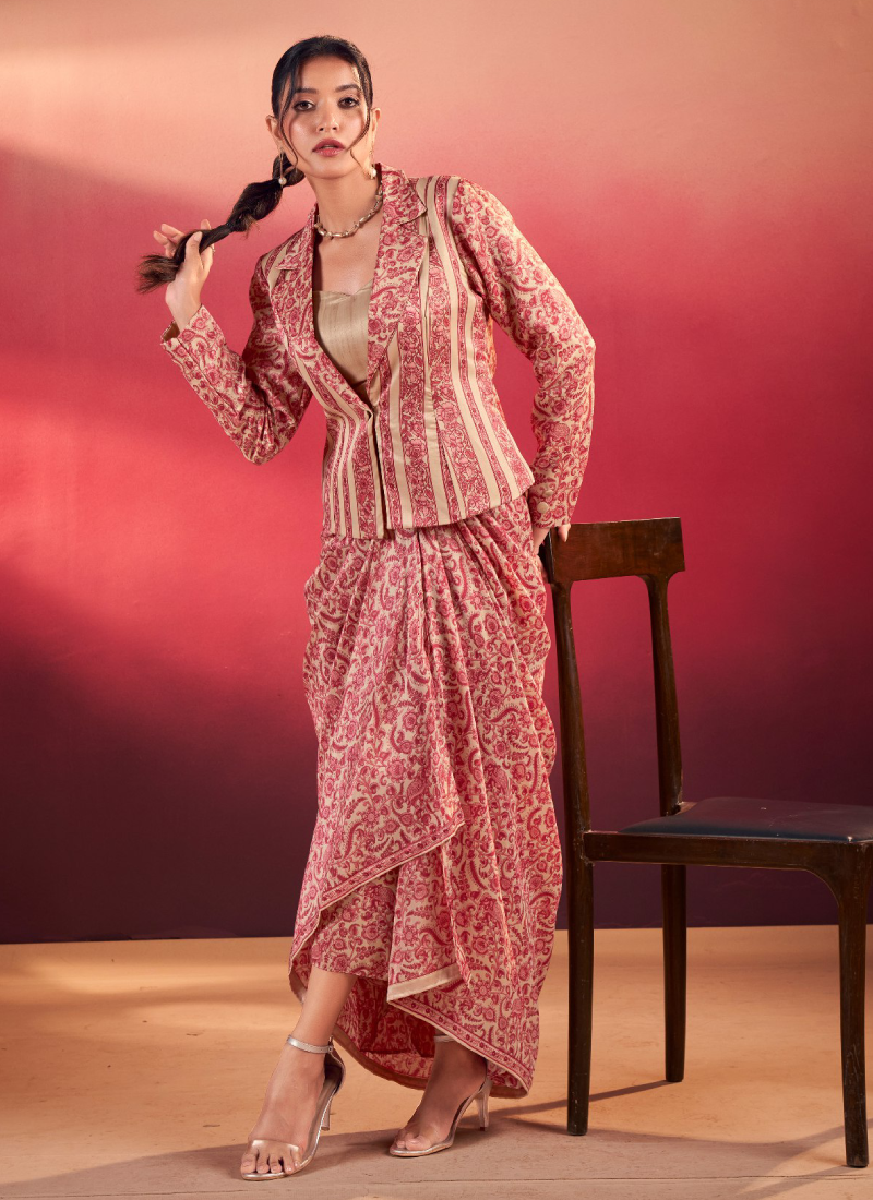 Printed Designer Silk Red Stylish Drape Bottom With Blouse And Jacket