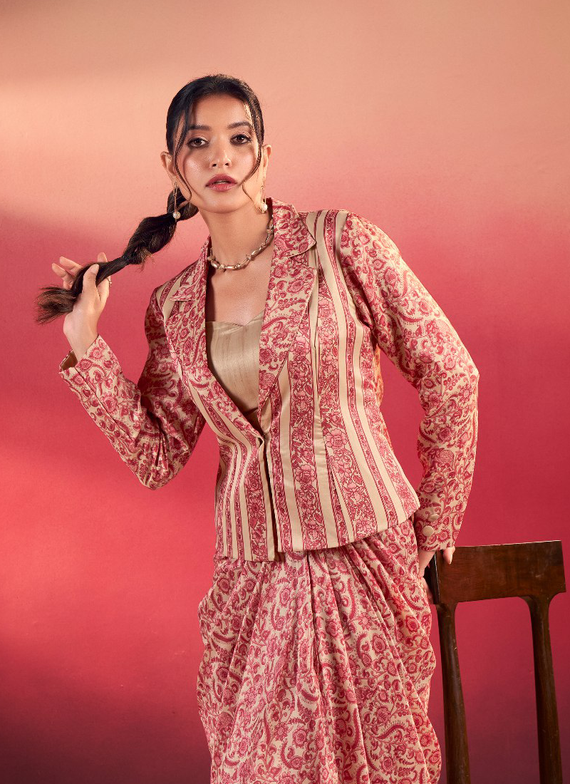 Printed Designer Silk Red Stylish Drape Bottom With Blouse And Jacket