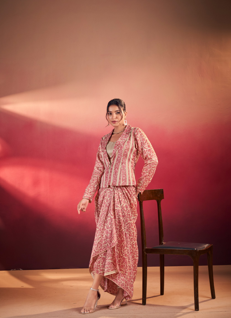 Printed Designer Silk Red Stylish Drape Bottom With Blouse And Jacket