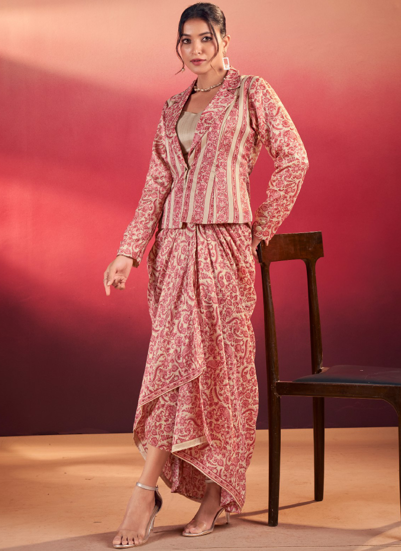 Printed Designer Silk Red Stylish Drape Bottom With Blouse And Jacket