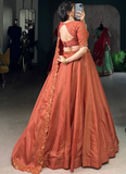 Prodigious Orange Tussar Silk Lehenga With Thread Embroidered Blouse