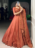 Prodigious Orange Tussar Silk Lehenga With Thread Embroidered Blouse