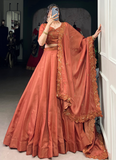 Prodigious Orange Tussar Silk Lehenga With Thread Embroidered Blouse