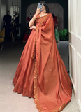 Prodigious Orange Tussar Silk Lehenga With Thread Embroidered Blouse