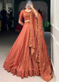 Prodigious Orange Tussar Silk Lehenga With Thread Embroidered Blouse