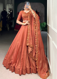 Prodigious Orange Tussar Silk Lehenga With Thread Embroidered Blouse
