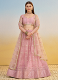 Prominent Thread Embroidery Light Pink Net Lehenga Choli With Dupatta