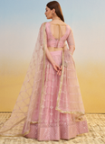 Prominent Thread Embroidery Light Pink Net Lehenga Choli With Dupatta